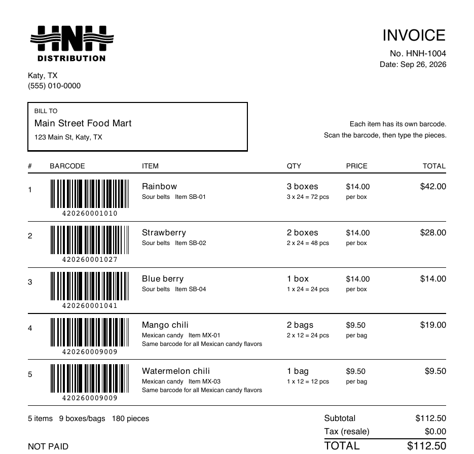 Sample printed invoice with a barcode on every line